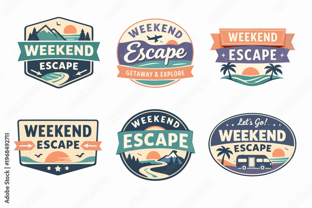 Obraz premium Collection of vintage-style badges and logos for weekend getaways, outdoor travel, and summer vacation adventures