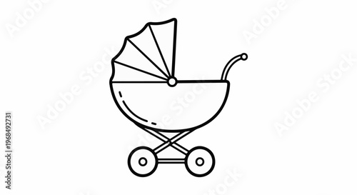 Simple line drawing of a vintage baby carriage with a canopy and wheels