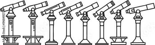 A row of classic black lampposts with ornate designs lining a walkway Vector