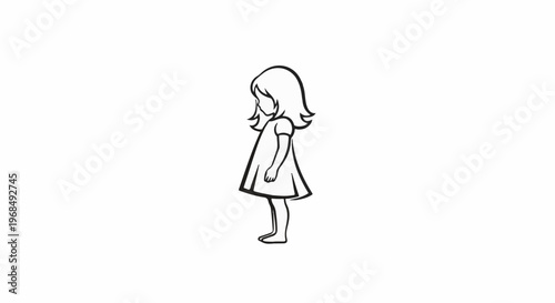 Simple outline drawing of a young girl in a dress, facing away