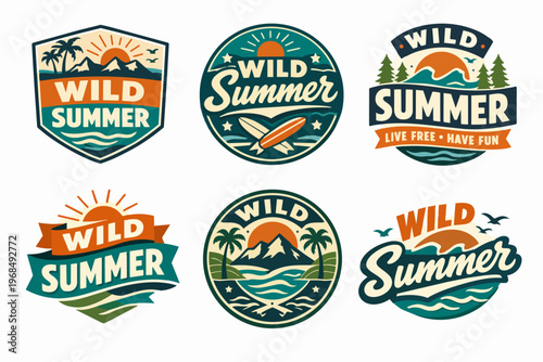 Wild summer vintage badges set for travel adventure and nature tourism, featuring mountains, palm trees, sun, surfboards, and waves