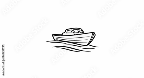 Stylized black and white drawing of a boat floating on wavy water