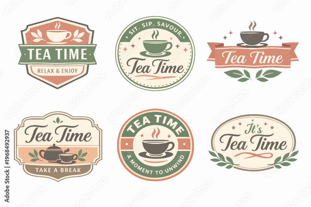 Obraz premium Vintage tea time emblem set with cups, teapots, and text, creating a relaxing hot beverage drink brand identity