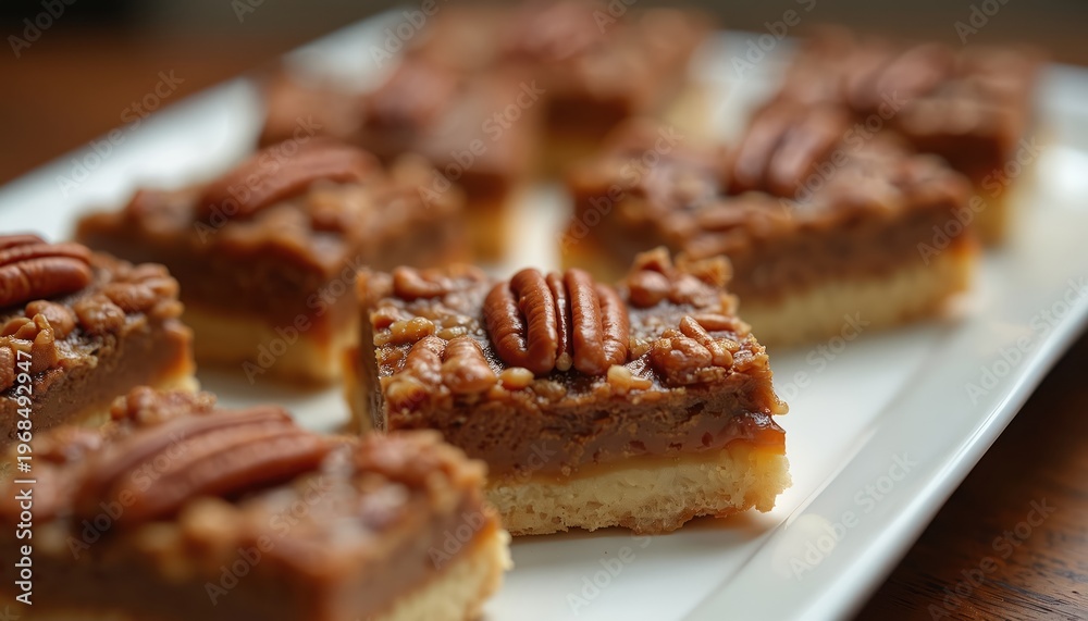 Fototapeta premium Sweet pecan pie bars arranged on a white platter. Each square slice has a nutty caramel topping and a shortbread crust. Perfect for dessert or a holiday treat.