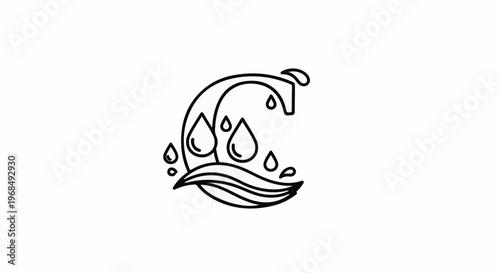 Stylized dripping faucet forming a crescent shape with water droplets and waves