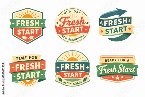 Set of new beginning vector emblems with fresh start lettering, sun, leaves, and arrow icons for motivation and rebranding