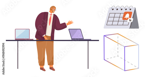 Business analytics, project planning, deadline management, corporate communication, time management, data visualization. Man gesturing near laptops and calendar. Business analytics, project planning