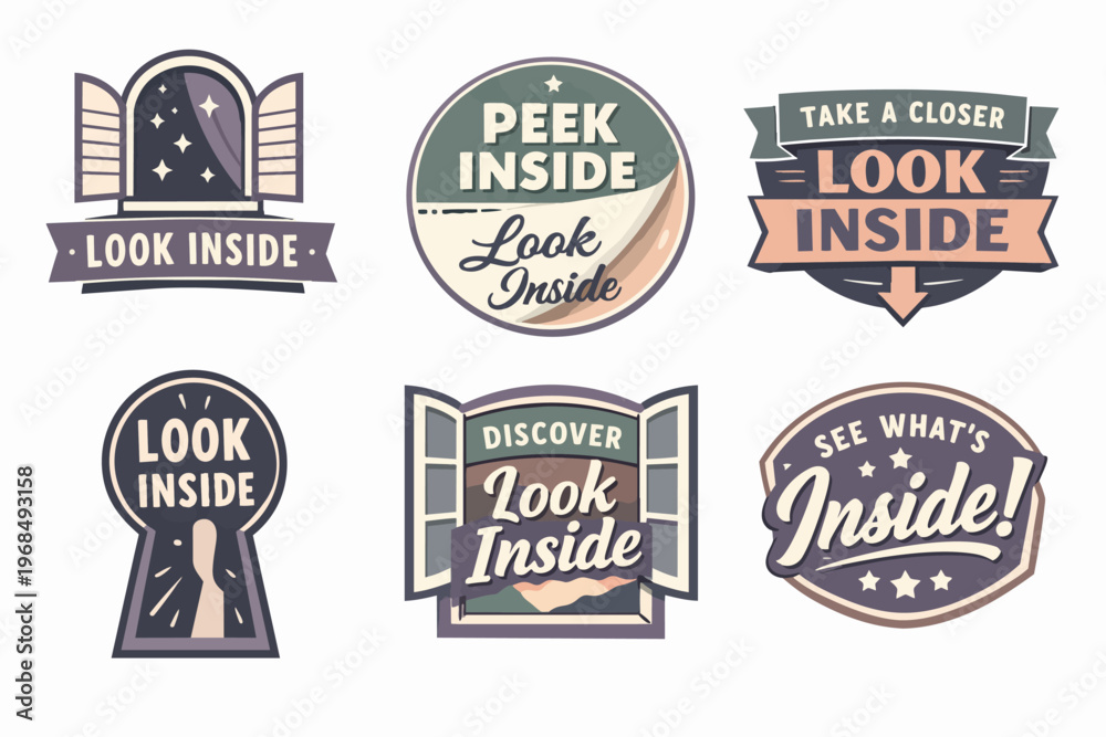 Fototapeta premium Collection of look inside badges featuring windows and a keyhole, symbolizing discovery, curiosity, and access to new information