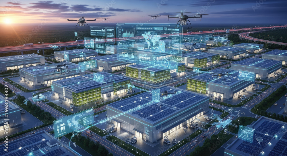 Fototapeta premium Futuristic cityscape with holographic displays and flying drones at dusk.