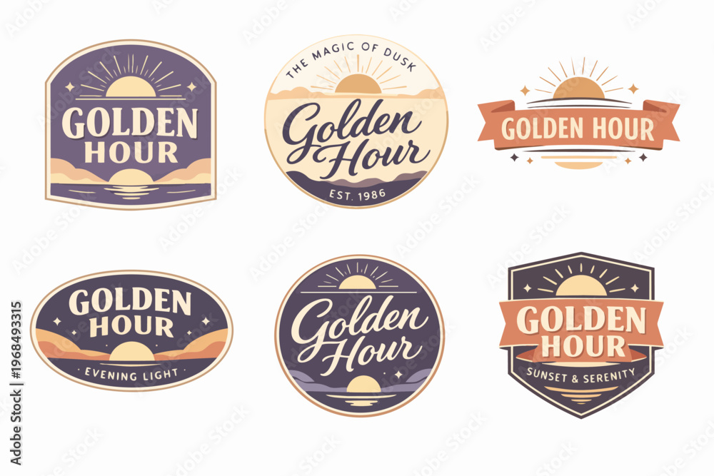 Fototapeta premium Golden hour sunset badges collection creating vintage typography emblems for evening light and dusk moments
