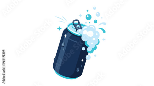 Opened Soda Can with Fizzy Foam Splash Flat Vector Illustration