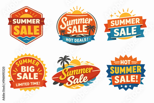 Summer sale badges collection, offering hot deals and big discounts for seasonal promotion, flat graphic design elements