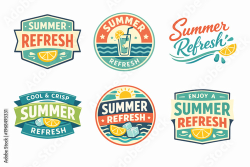 Collection of retro summer refresh badges and emblems featuring citrus, ice, and cold beverages, promoting seasonal freshness