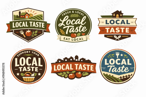 Local taste badges with farm elements, organic food labels, and vintage market emblems for agriculture branding