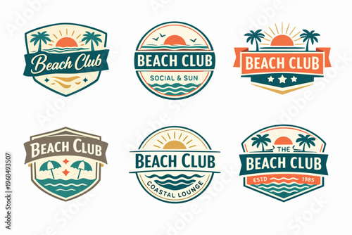 Set of retro emblem designs for beach, travel, resort, or summer recreation businesses, featuring tropical elements