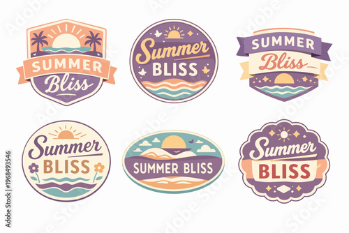 Collection of summer bliss logos on a white background, featuring various emblems with sun, waves, and tropical details