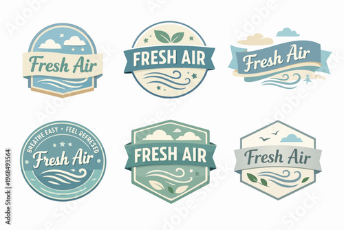 Set of fresh air themed labels with clouds, leaves, and wind elements, ideal for eco-friendly product branding