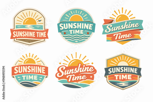 Collection of sunshine time logos featuring summer sun, ocean waves, and vintage retro beachside labels