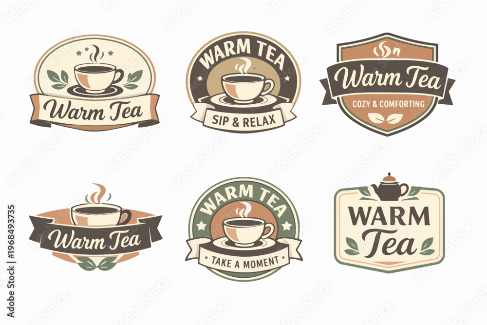Obraz premium Set of retro warm tea logos with steaming cups and teapots, offering brand identity for tea houses, shops, and comforting drinks