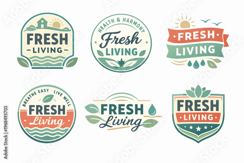 Fresh living logos collection with organic and healthy lifestyle emblems promoting wellness and nature concepts