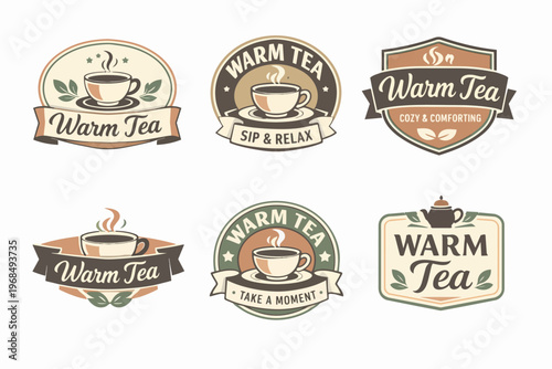 Set of retro warm tea logos with steaming cups and teapots, offering brand identity for tea houses, shops, and comforting drinks