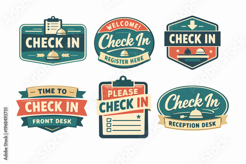 Retro check in badges for hotel registration, hospitality front desk, and guest welcome design