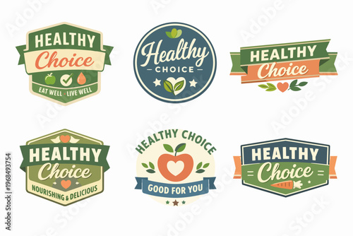 Healthy choice labels presenting a collection of badges and stickers for natural food, organic ingredients, and wholesome living