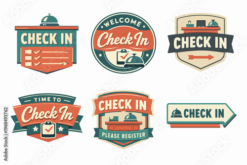 Check in badges and labels for hotel reception, guest registration, and event entry signs in vintage design