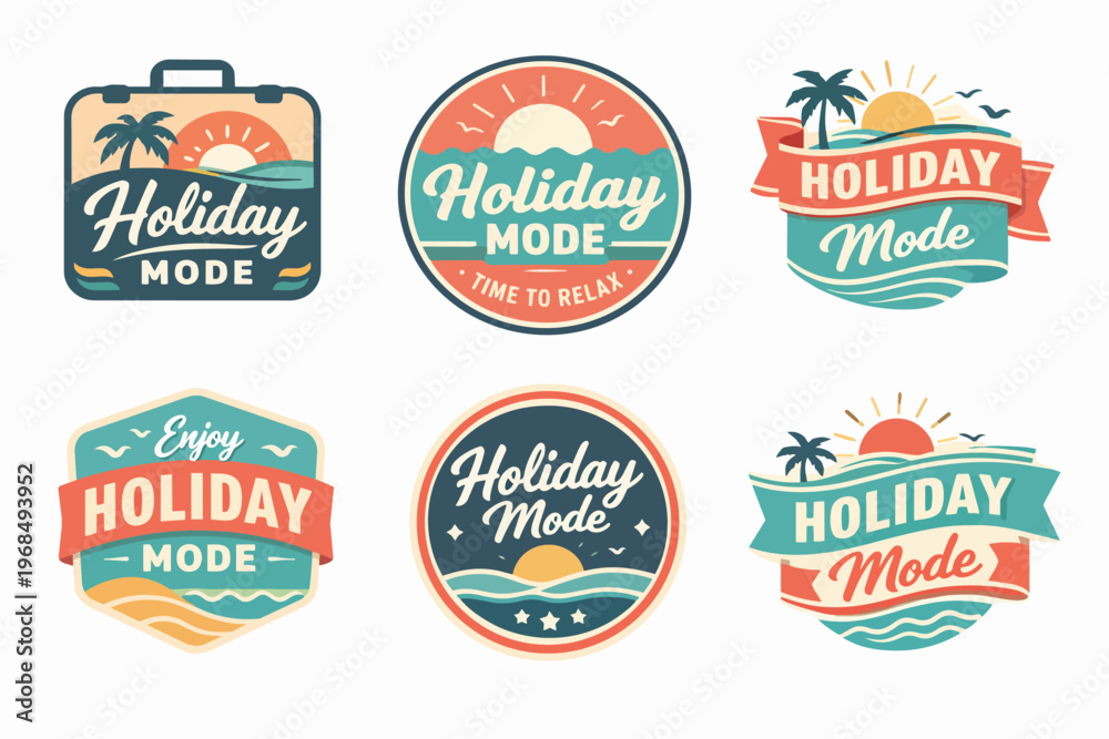 Fototapeta premium Holiday mode badges collection featuring retro summer vacation and travel themed emblems with tropical beach illustrations