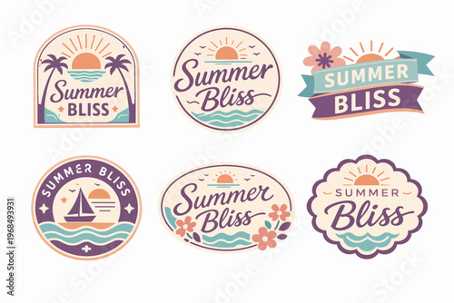Summer bliss badge collection featuring beach, sun, palm trees, ocean waves, and sailboat in a retro style