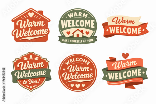 Warm welcome labels for hospitality and greeting messages, vintage style design with heart and home symbols