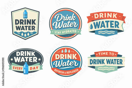 Collection of vintage-style badges promoting drinking water for hydration, wellness, and a healthy lifestyle