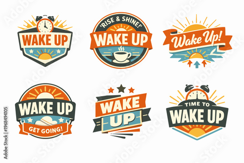 Wake up labels and badges with sunrise, alarm clock, and coffee cup conveying morning routine and motivation concepts
