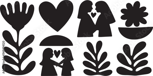 Black and white icons depicting love, affection, and nature in stylized silhouettes sketch vector illustration