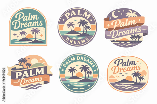 Collection of palm dreams vintage tropical design elements with vacation concept, island sunset, ocean waves, and palm trees