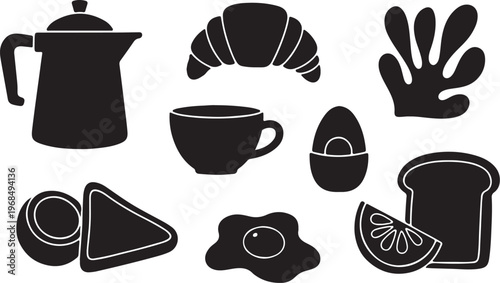 Assorted breakfast and coffee icons in black and white silhouette style sketch vector illustration
