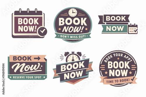 Book now labels collection offering diverse call to action buttons for online reservation and appointment scheduling