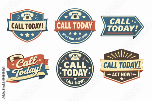 Collection of vintage call today labels and badges, inspiring quick action and promotional offers