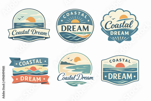 Coastal dream vintage badges set showing beach sunset, ocean waves, and nautical elements for travel and vacation