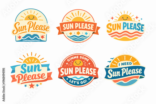 Sun please summer vacation badges set featuring smiling suns, ocean waves, and vintage retro typography for beach holidays
