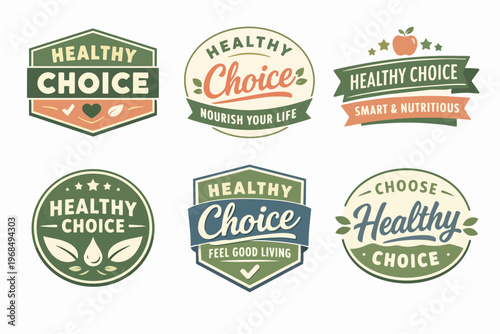 Healthy choice badges and labels set for natural food, organic produce, dietary products, and healthy lifestyle concepts