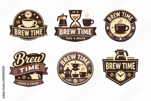 Coffee brew time collection with cafe shop logos, vintage espresso emblems, and roasted bean badges