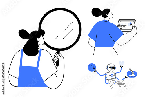 Data analysis, technology, AI research, science, education, innovation. Woman examining through magnifying glass, using tablet and AI robot conducting research. Data analysis and technology concepts