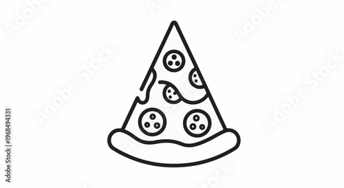 A black outline icon of a triangular pizza slice with circular toppings