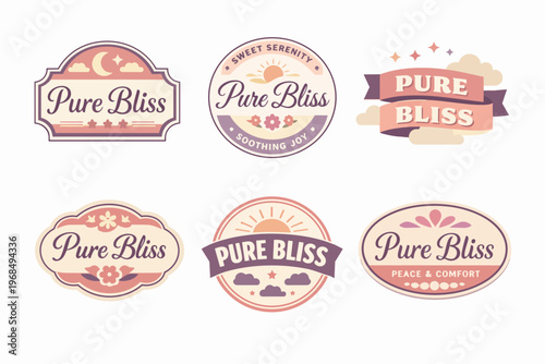 Pure bliss text and branding badges set, displaying vintage pastel design concepts for identity and product packaging