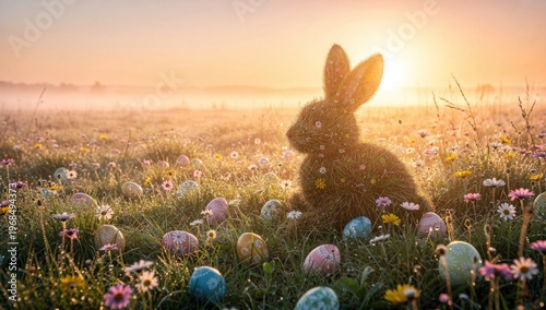 Easter bunny and eggs surrounded by flowers in the field at sunrise