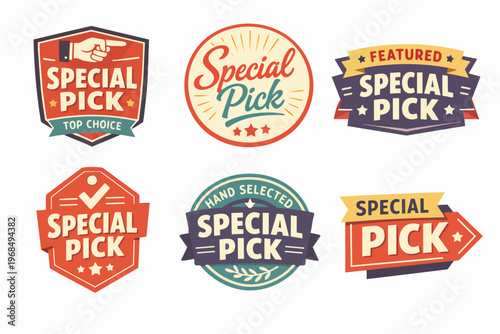 Special pick, top choice, hand selected, featured vintage style labels set promoting best product quality and customer loyalty