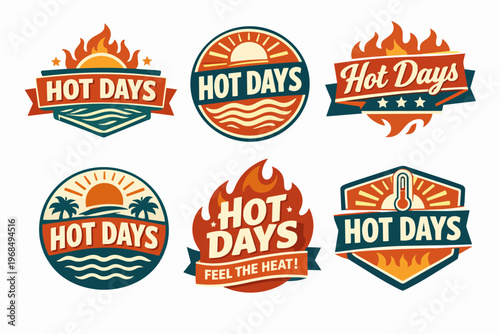 Hot days retro logos set with sun, fire, waves, palm trees, and thermometer symbol for summer vacation themes