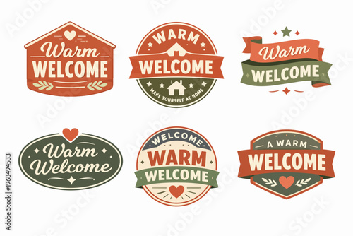 Collection of warm welcome badges and labels in vintage style, presenting hospitality and cheerful greetings