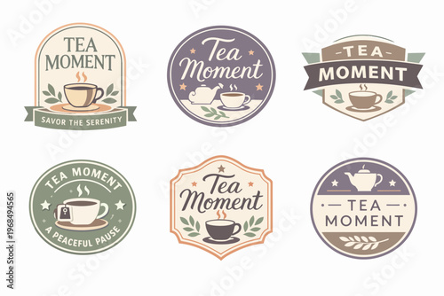 Tea moment logos collection offering vintage badges and elegant emblems for beverage branding and cafe signs